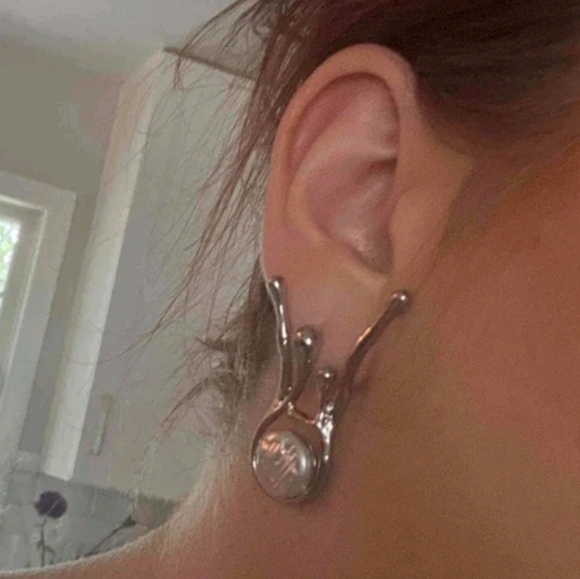 Silver Abstract statement earrings dangle Faux pearl metallic Modern 💖2/$30 - Picture 11 of 16